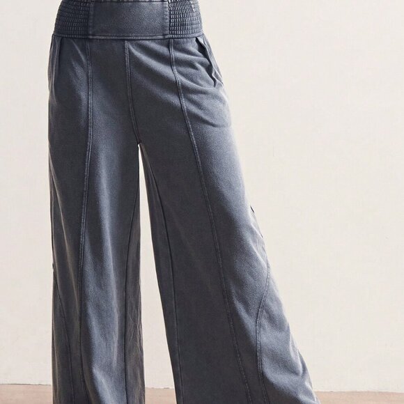Grey Casual Women's Loose Wide Leg Washed Pants - Picture 3 of 7